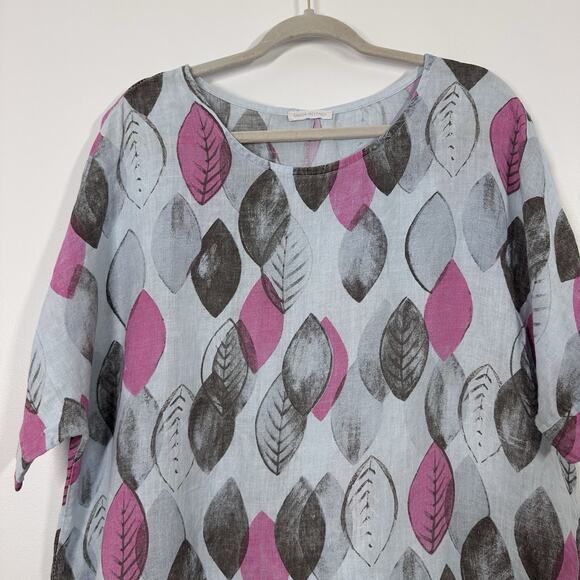 Unbranded 100% Linen Blue Leaf Print Short Sleeve High Low Tunic Top Breathable - Picture 2 of 5